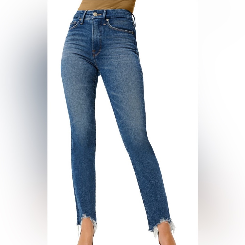 Good American Jeans. High Waist, Chew Hem Ankle Cigarette Jeans- Size 10/30